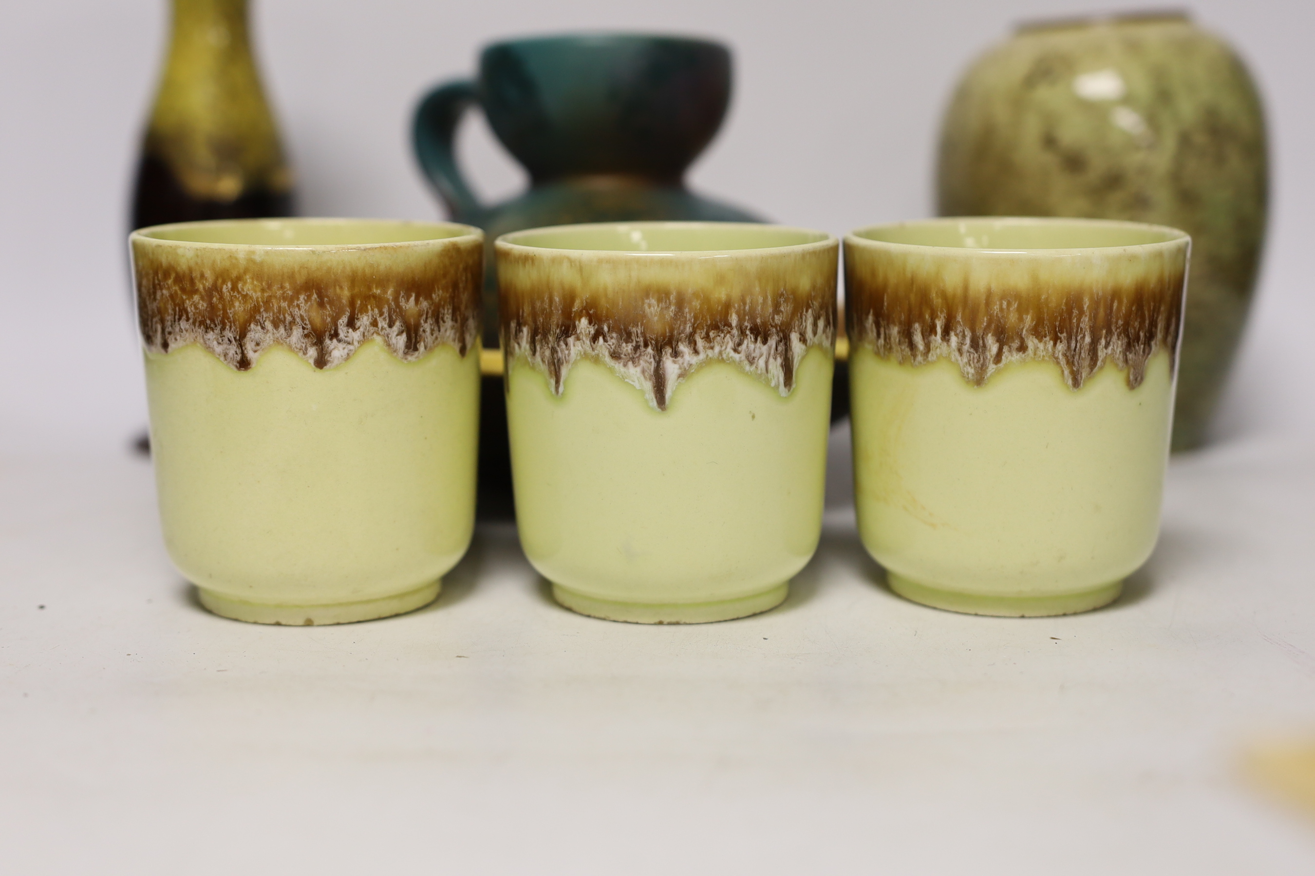 Assorted West German and Italian Feramano mid-century pottery including ashtray and cups, tallest 19cm